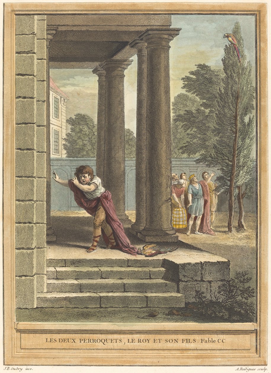 Två papegojor, kungen och hans son av Antoine Radigues after Jean Baptiste Oudry