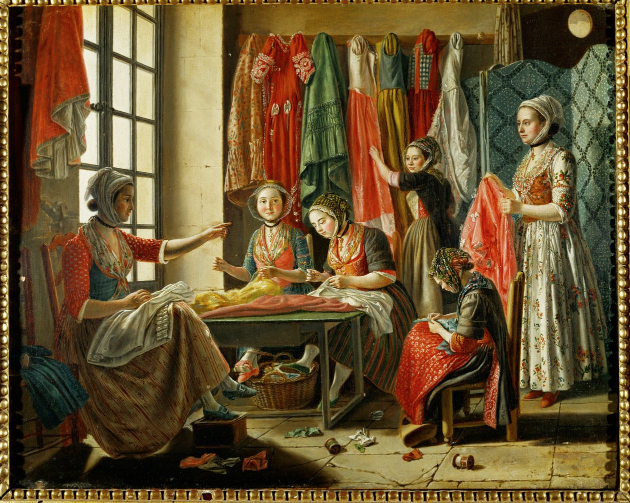 Sömmerskornas verkstad i Arles ... (olja på duk) av Antoine Raspal