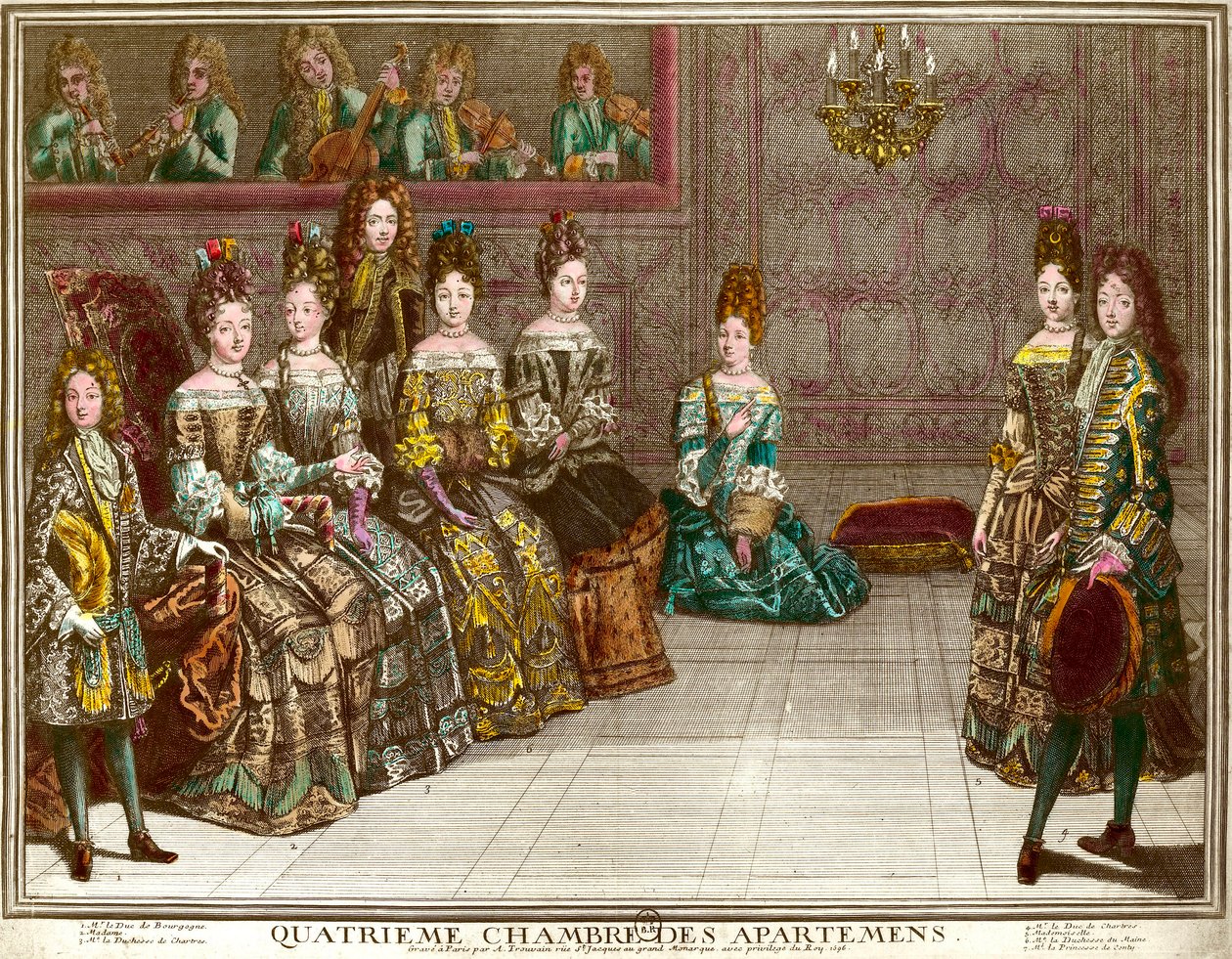 Dans i det fjärde sovrummet i lägenheterna i Louis XIV:s familj (1638-1715) under kvällarna i lägenheten i Versailles runt 1696: hertigen av Chartres dansar menyn med Mademoiselle i närvaro av hertiginnan av Maine, hertigen av B av Antoine Trouvain