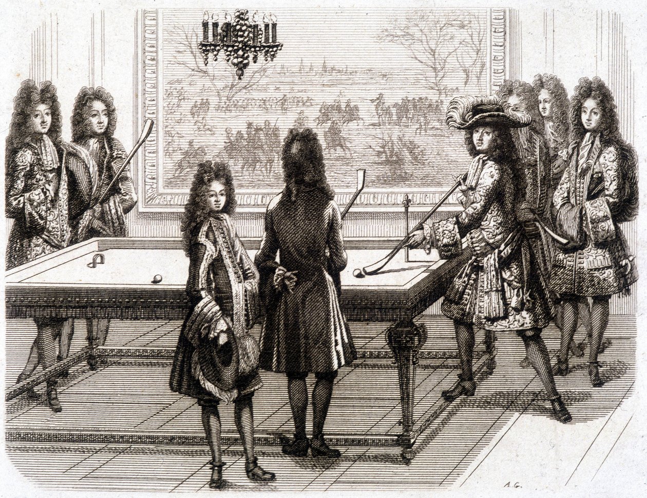 Ludvig XIV spelar biljard (med Monsieur (kungens bror), hertig av Vendôme, greve av Toulouse, Chamillart, le Roi, M. d