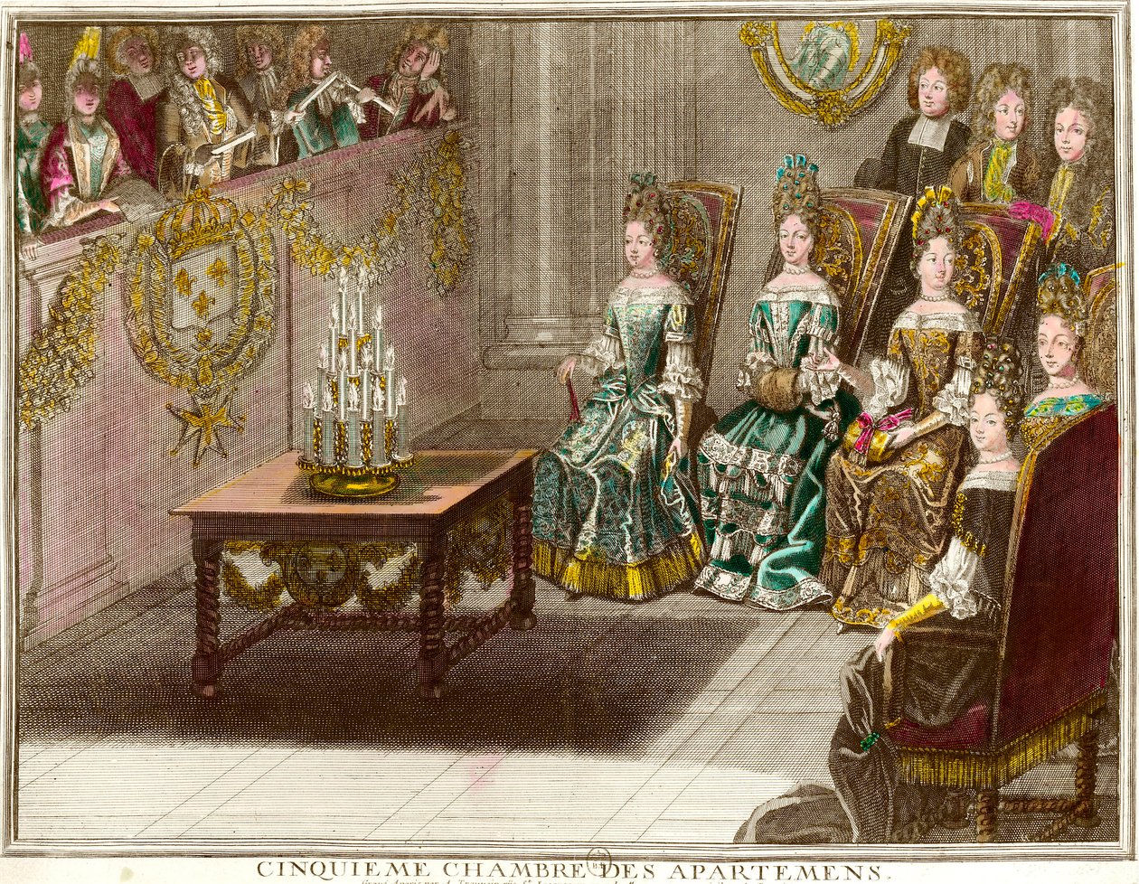 Musiksession i det femte sovrummet i Ludvig XIV:s familjelägenheter (1638-1715) under kvällarna i lägenheten i Versailles omkring 1694 Gravyr av Antoine Trouvain (1656-1708) 1694 ca. Privat samling av Antoine Trouvain