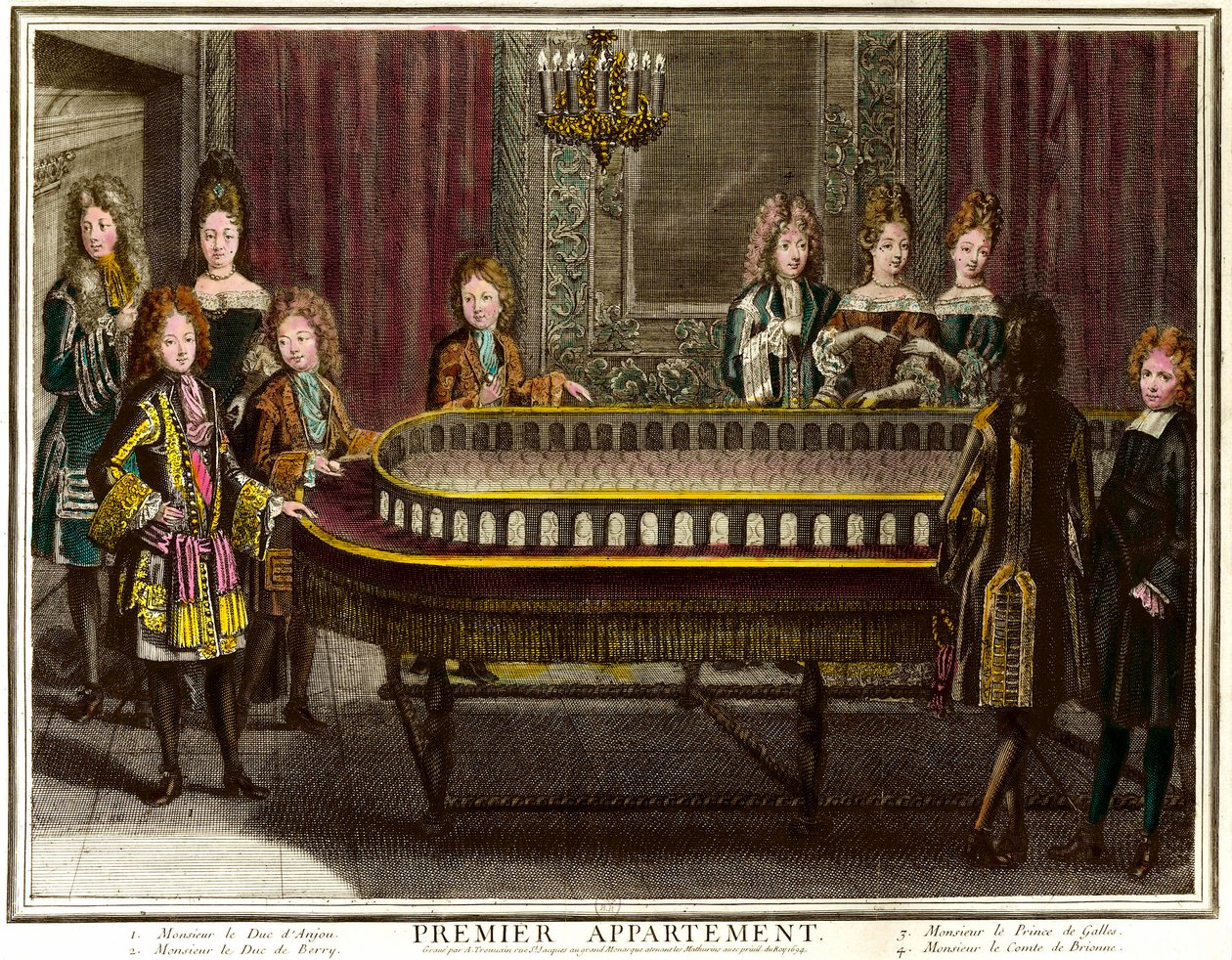 Philippe av Frankrike, hertig av Anjou, dåvarande kung av Spanien (1683-1746), Charles, hertig av Berry (1686-1714) och prins av Wales spelar portik i Ludvig XIV:s första lägenhet i Versailles - Gravyr av Antoine Trouvain (1656) -1708) Privat samling - Cha av Antoine Trouvain