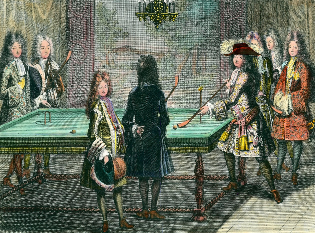 Kungligt nöje i Versailles, kung Ludvig XIV (1638-1715) som spelar biljard med Philippe Duc d