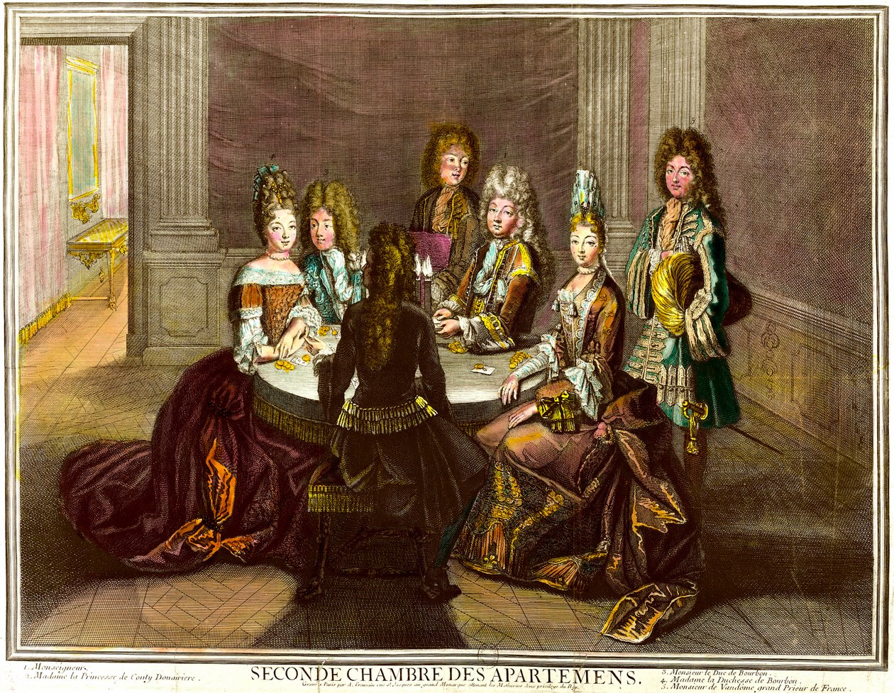 Gården som spelar kort i det andra sovrummet i Louis XIV:s lägenheter. gravyr av Antoine Trouvain (1656-1708) av Antoine Trouvain