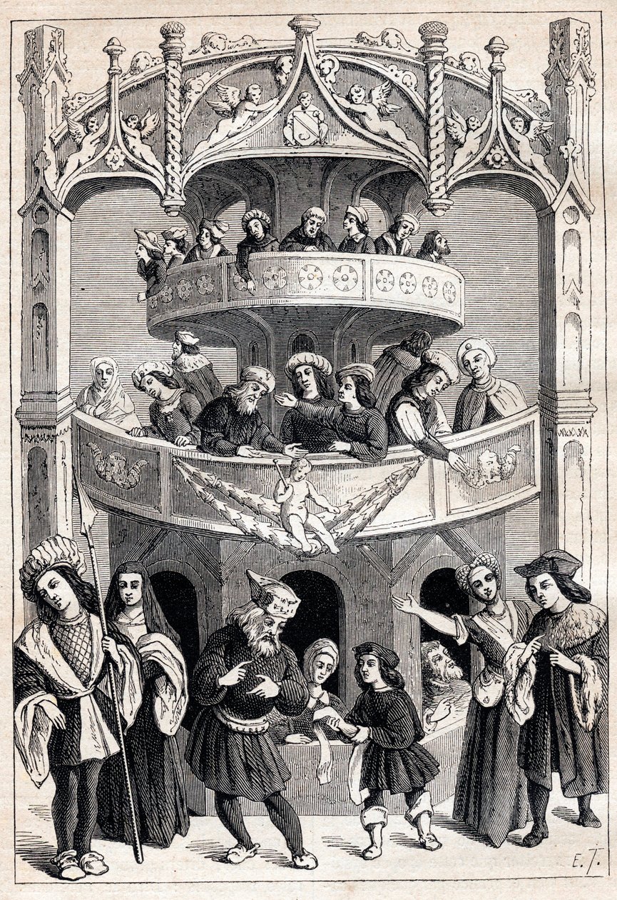 Frontispice of "" Le Grant Therence en Francois"" av Antoine Verard (aktiv 1485-1512) - teatralisk representation på 1500-talet av Antoine Verard