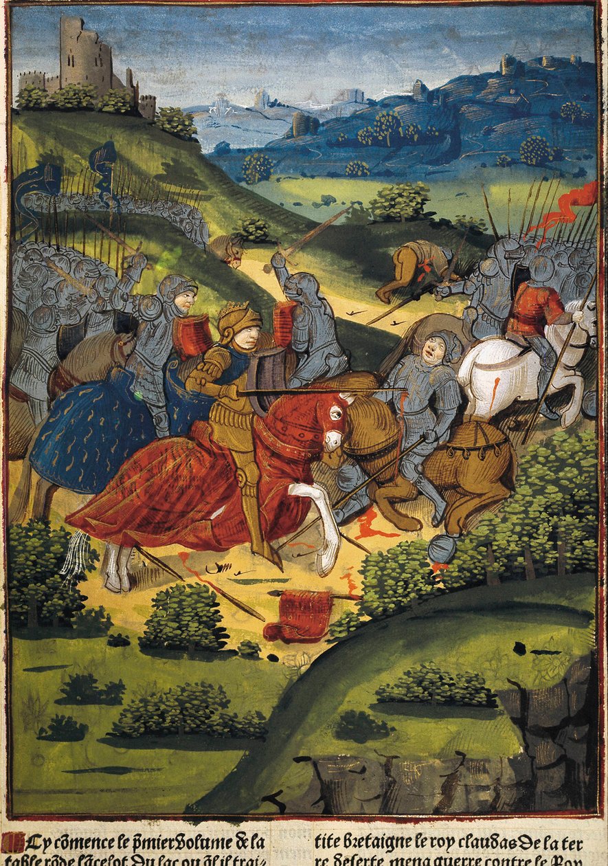 Lancelot i en strid - VERARD, Antoine (1400-talet). engelsk förläggare och bokhandlare.; LANCELOT (6th c.). Riddare av kung Arthurs hov. Lancelot i en strid. Illustration av "Lancelot du Lac" av Antoine Verard (1494). Gotisk konst. Miniatyrmålning. FR av Antoine Verard