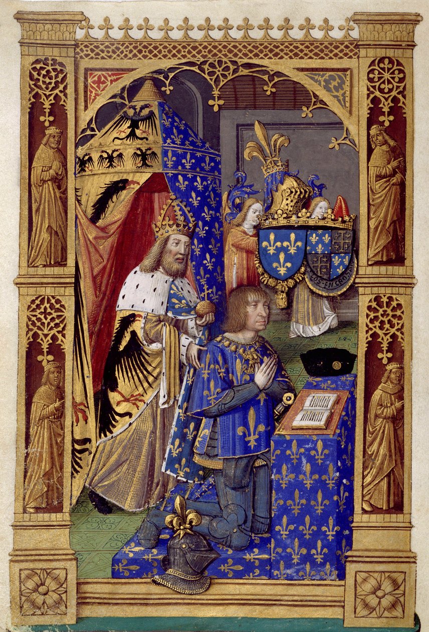 Kungen av Frankrike Ludvig XII (1462-1515) i bön med Karl den Store bakom sig - Miniatyr av Antoine Verard (1485-1512) I ""The book of hours of Charles VIII"" av Antoine Verard