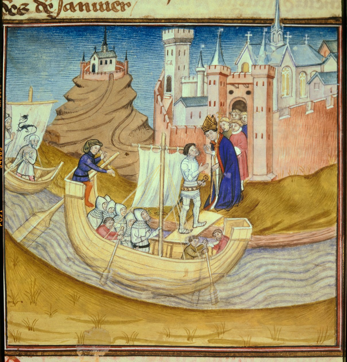Normanderna under ledning av vikingakocken Rollon (Robert I the Riche eller Rollon the Walker) (1000-talet) försökte ta Chartres men evequen i staden Gancelme lyckades slå tillbaka dem 910-911 Miniature hämtad från Les chronicles de Saint Denis”” ” av Anto av Antoine Verard