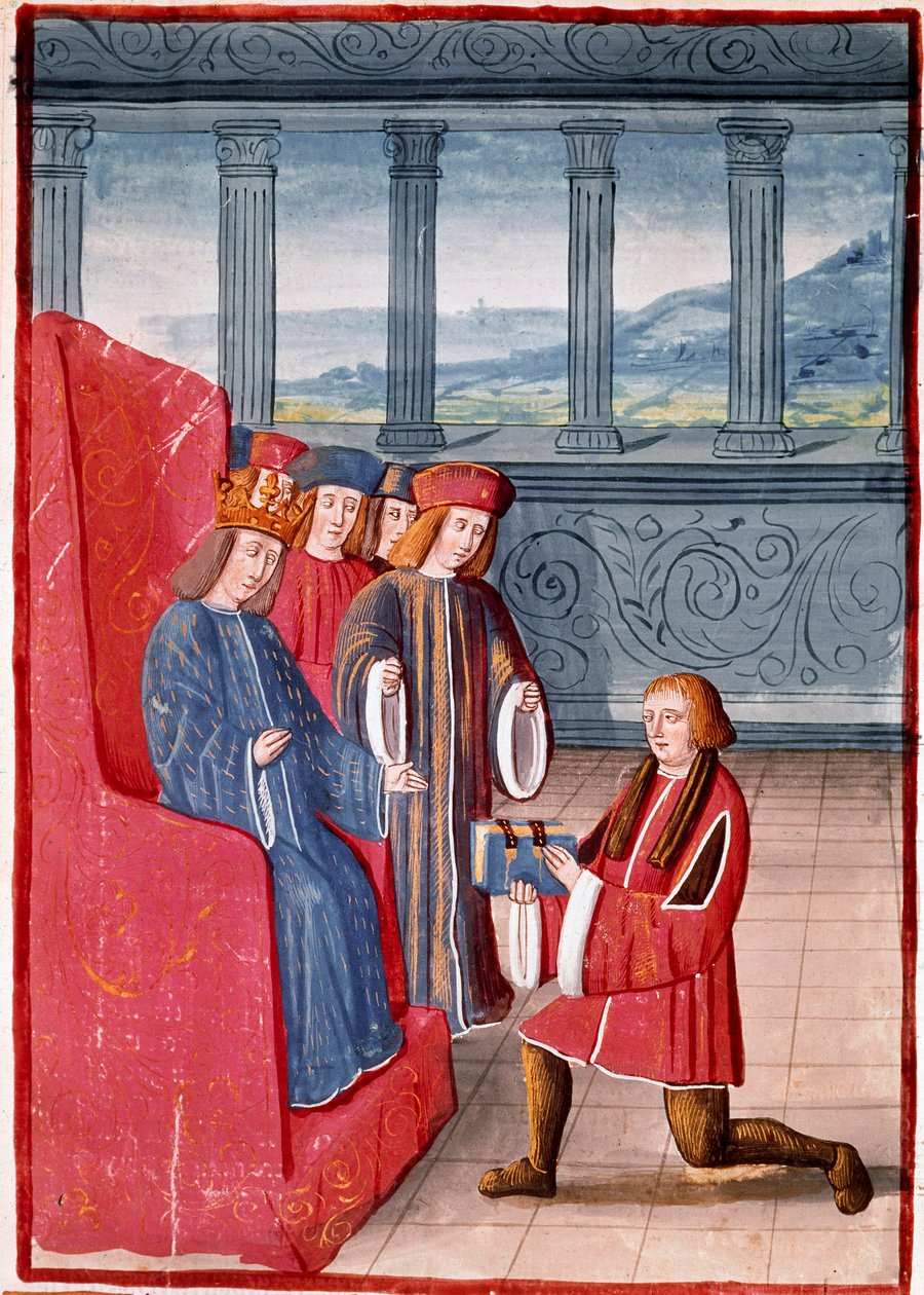 Författaren presenterar sin bok för kungen av Frankrike Charles VIII (1470-1498) Miniatyr från "Chronicles de France"" illustrerad av Antoine Verard (1450-1519) Biblioteca Nazionale, Turin av Antoine Verard