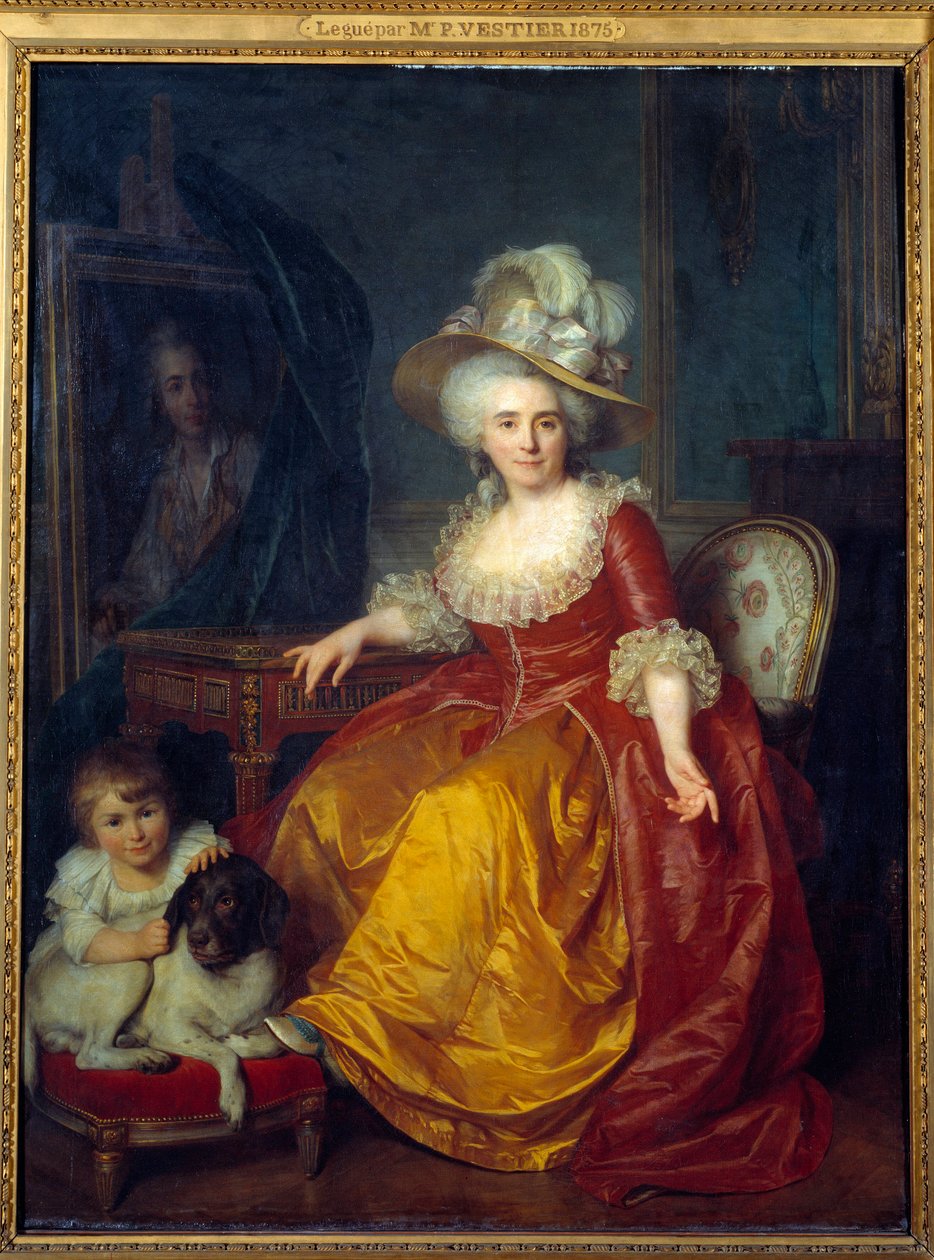 Porträtt vid foten av Madame Vestier (1740-1831) med ett barn vid sina fötter som nyper i örat på en hund Målning av Antoine Vestier (1740-1824) 1787 Sön. 1,76x1,34 m av Antoine Vestier