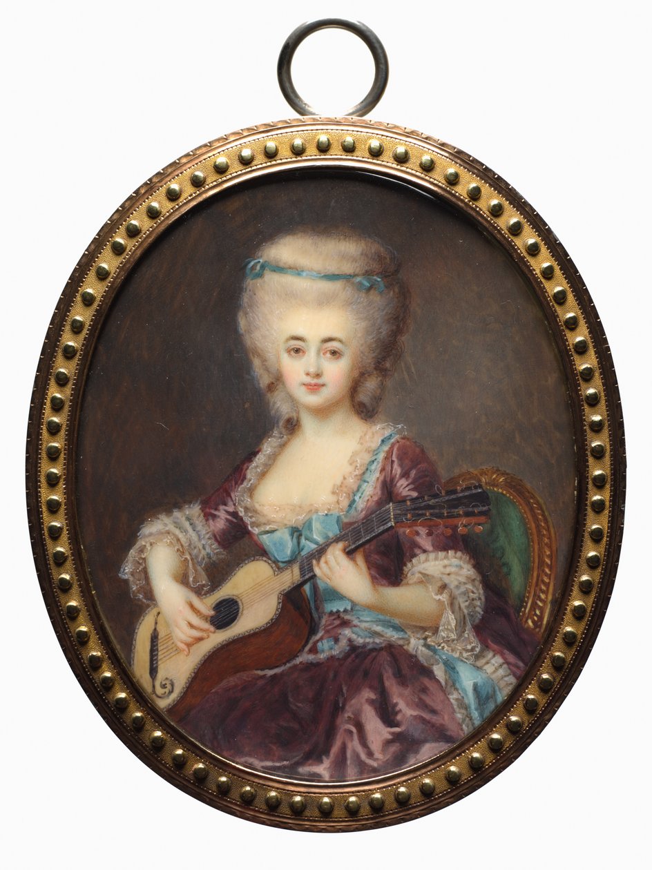 Porträtt av en kvinna med en gitarr, kallad Louise DAumont, Mazarin..., sent 1700-tal. av Antoine Vestier
