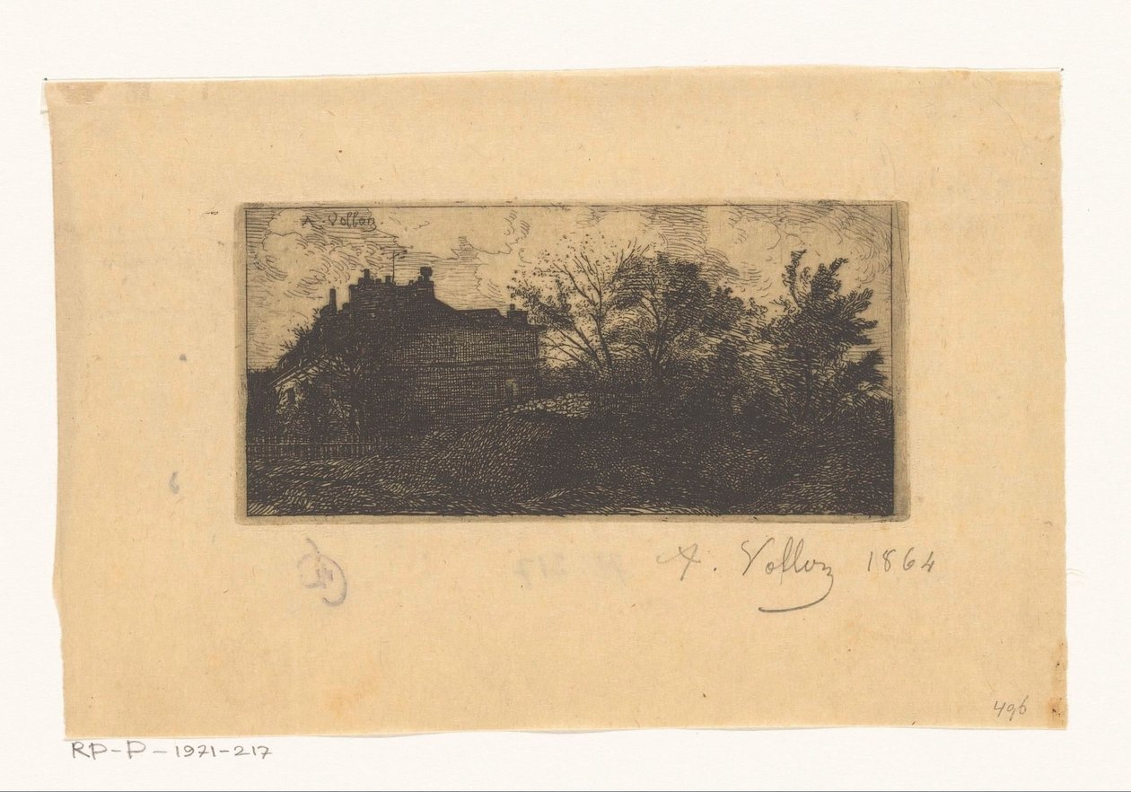 Landskap med hus bakom ett staket och träd i förgrunden av Antoine Vollon (signed by artist)