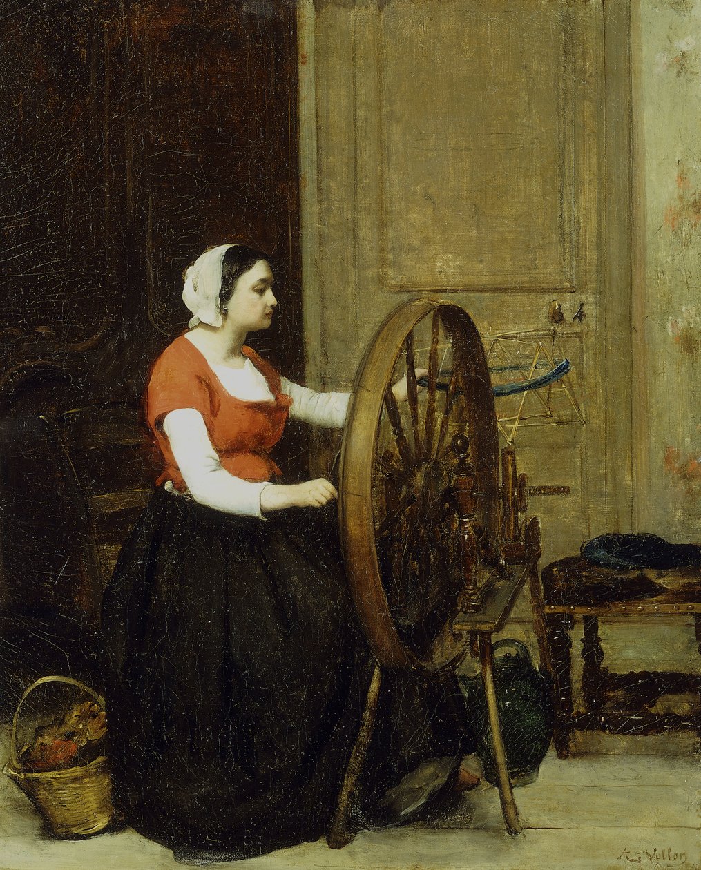 Kvinna och spinnhjul, ca 1860? av Antoine Vollon