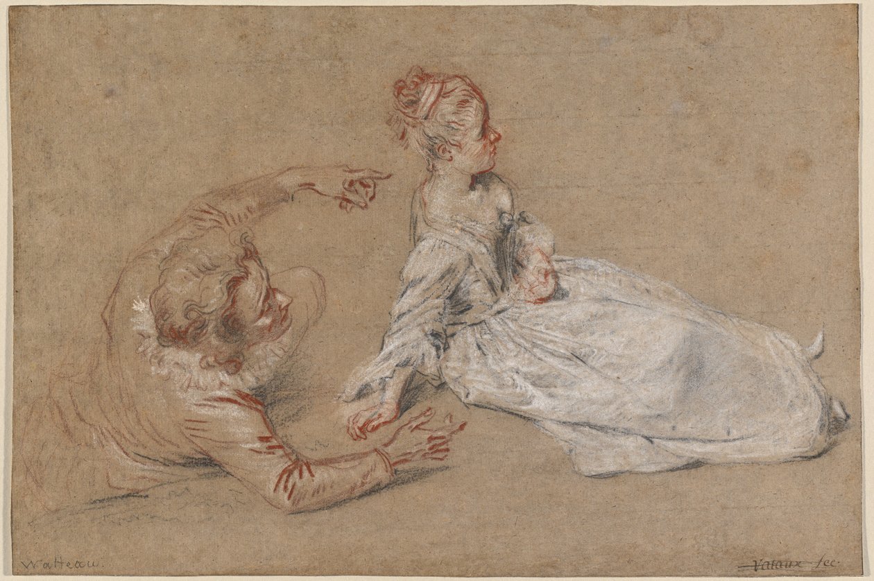En man liggande och en kvinna som sitter på marken av Antoine Watteau
