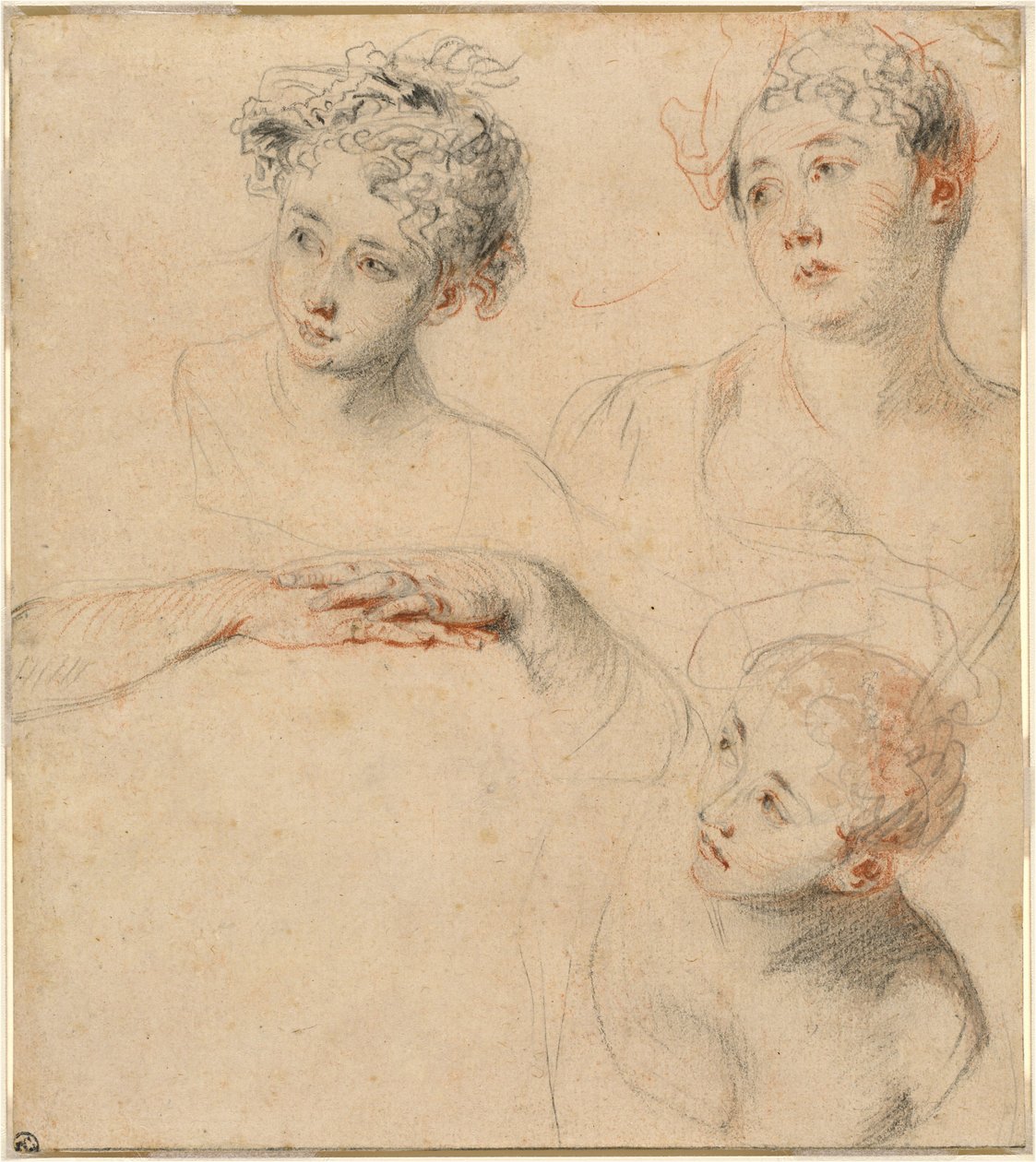 Tre studier av en kvinnas huvud och en studie av händer [Recto] av Antoine Watteau