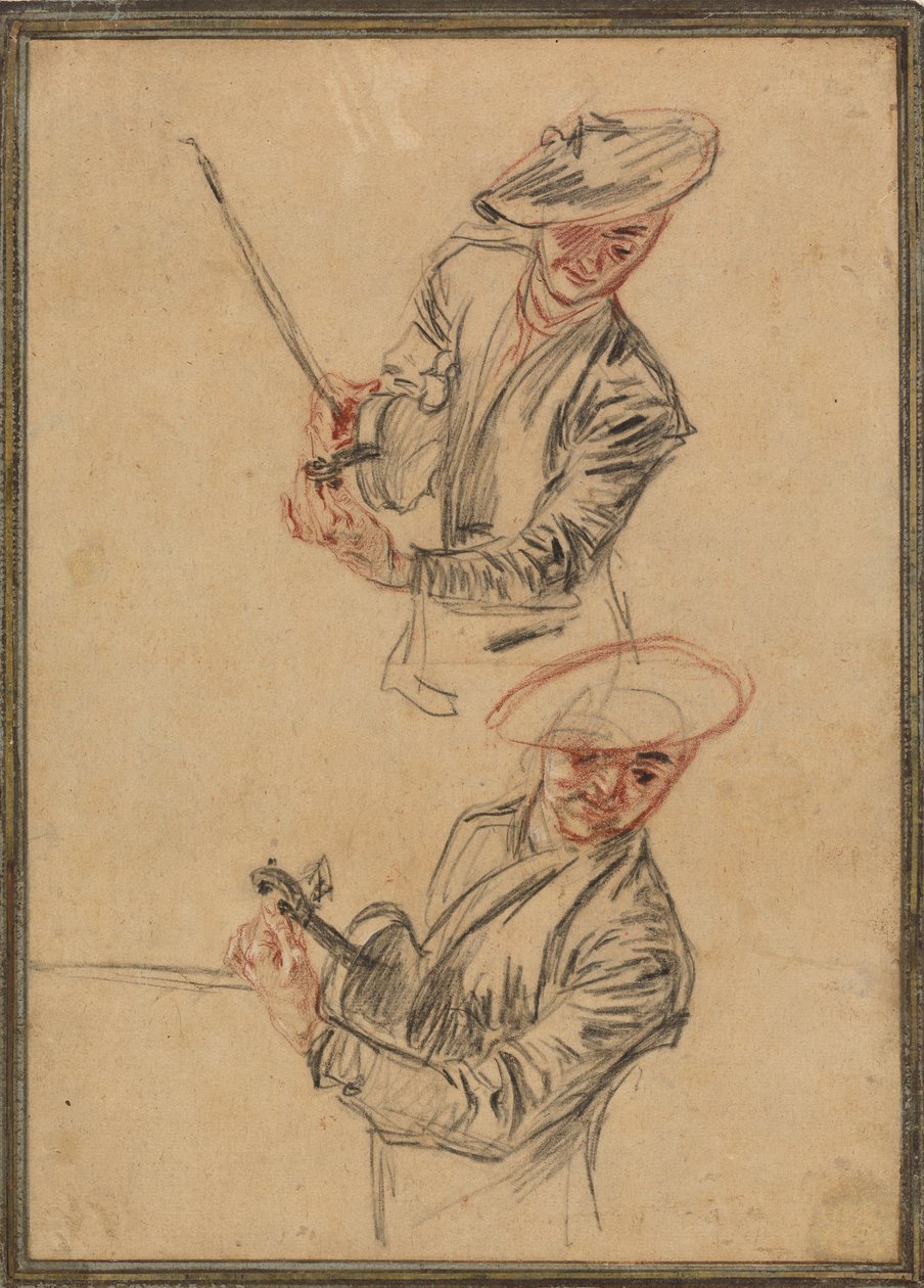 Två studier av en violinist som stämmer sitt instrument av Antoine Watteau