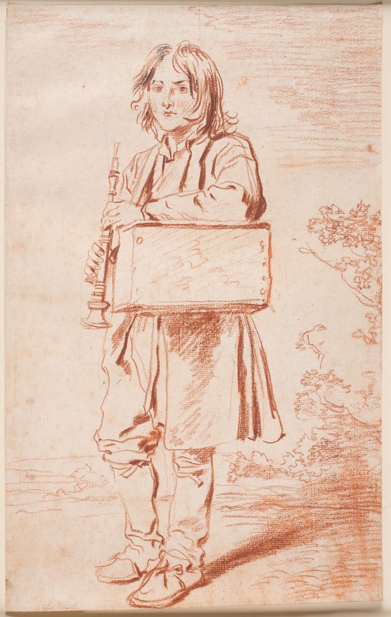 Unga Savoyard. Helfigur en face v.v., stående, över ena axeln hänger en ask med murmeldjuren, i händerna håller han flöjten av Antoine Watteau