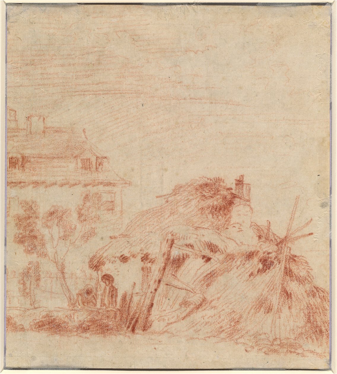 Vy över ett hus, en stuga och två figurer [verso] av Antoine Watteau