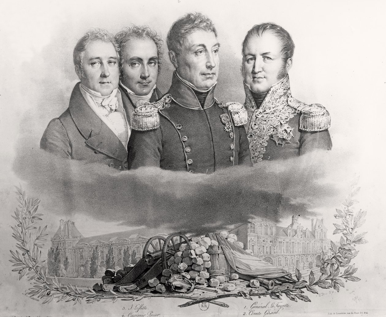 Den provisoriska regeringen den 29 juli 1830. L till R: Jacques Lafitte (1767-1844), Casimir Perier (1777-1832), General Lafayette (1757-1834) och Comte Etienne Maurice Gerard (1773-1852) 1831 ( av Antoine Maurin