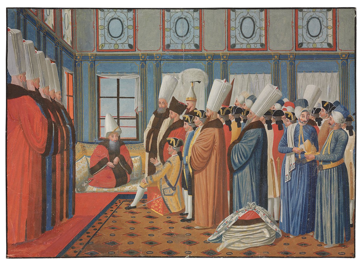 Presentationen av greve de Vergennes, Ludvig XV:s ambassadör, till Reis Effendi, storvesir för den osmanska sultanen "Uthman III" den 31 maj 1755 av Antoine de Favray
