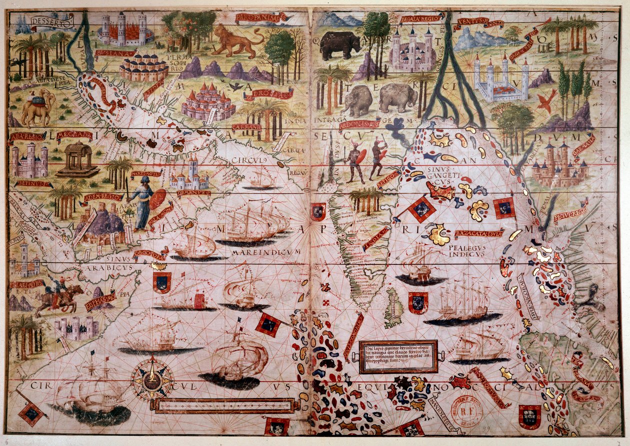 Indes portugisiska sjöatlas. Sida av Atlas Miller-manuskriptet gjord 1519 av Pierre och Georges Reinel, Lopo Homem (kartografer) och Antoine de Hollande (miniatyrist). 1500-talet. Paris, B N. av Antoine de Hollande