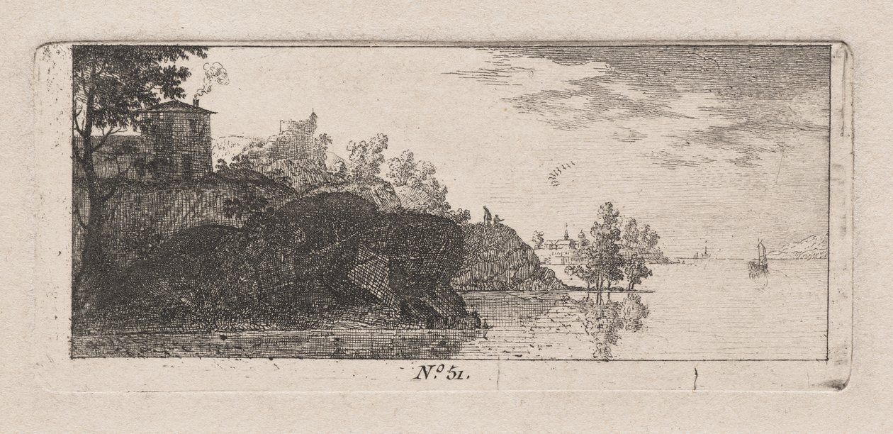 Stuga på en stenig Promentory längs en flod av Antoine de Marcenay de Ghuy