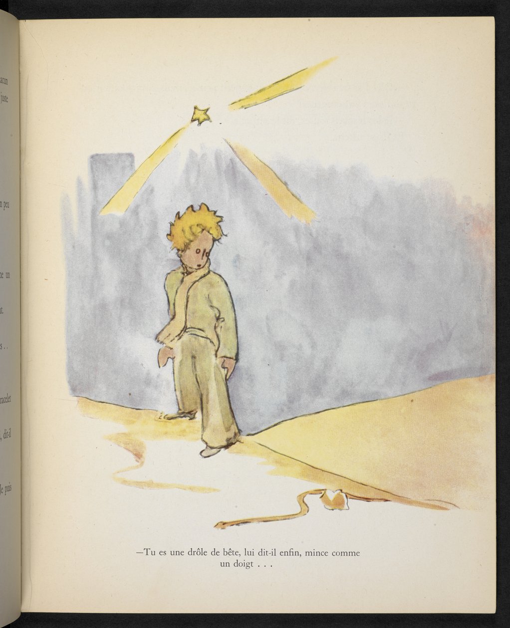 "Du är ett lustigt djur, sa han till slut, smal som ett finger", illustration från "Le Petit Prince", av Antoine de Saint-Exupéry av Antoine de Saint Exupery