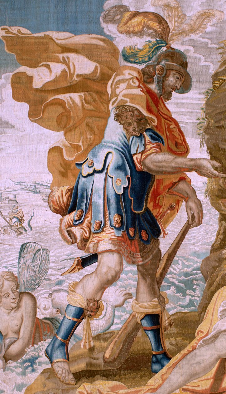 flamländsk gobeläng. Serien Story of Theseus. Theseus tar emot Minos ring från Amphitrite (Teseo recibe de Anfítrite la sortija de Minos). Femte gobeläng i serien. Modell Anthonis Sallaert. Tillverkning Jan Raes den yngre, Bryssel. Ca 1630. Tyg Silke av Antoine or Anthonis Sallaert