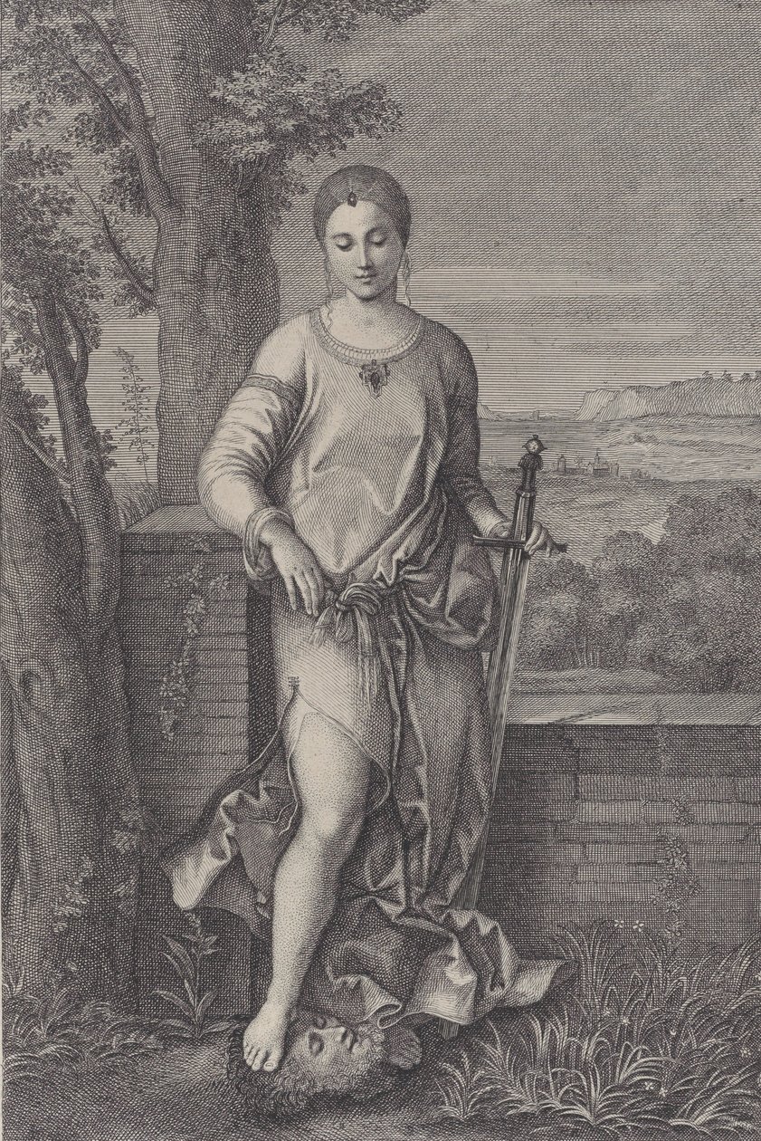 Judith stående med foten på huvudet av Holofernes, ca. 1729. av Antoinette Larcher
