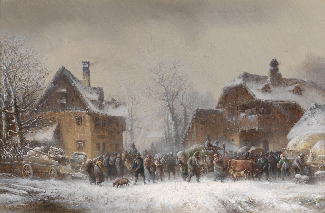 Livlig rörelse i en vinter snöig by av Anton Doll
