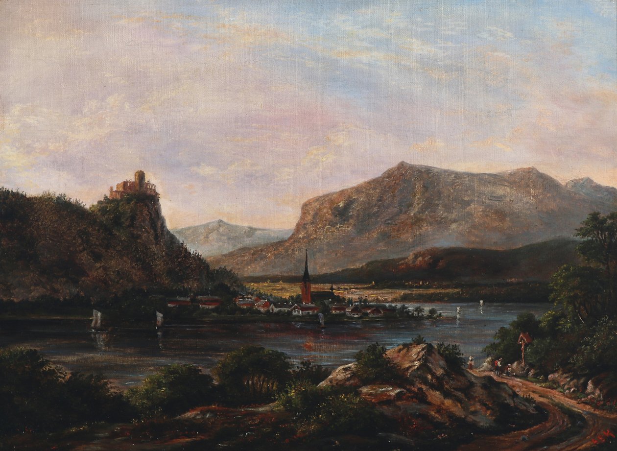 Riverscape with castle at the summit. av Anton Eduard Kieldrup
