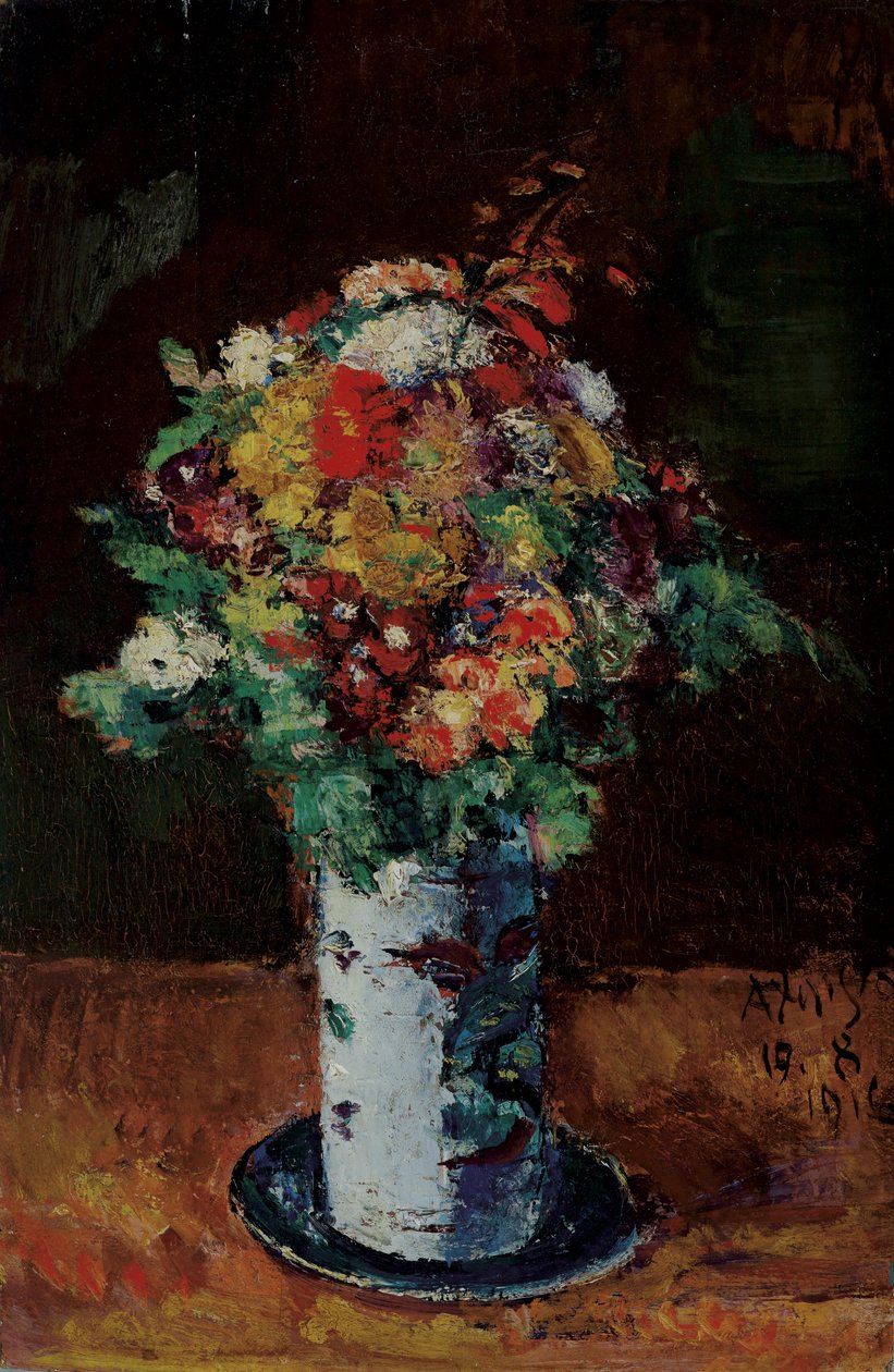 Bukett blommor i rullkanna på tallrik av Anton Faistauer