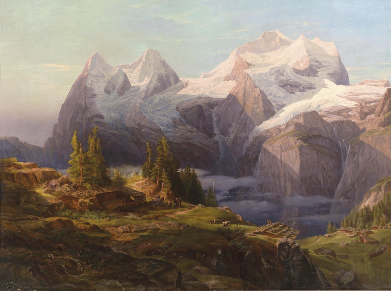 Blick in das Berner Oberland mit Mönch, Eiger und Jungfrau, im Vordergrund figürliche Staffage av Anton Hansch