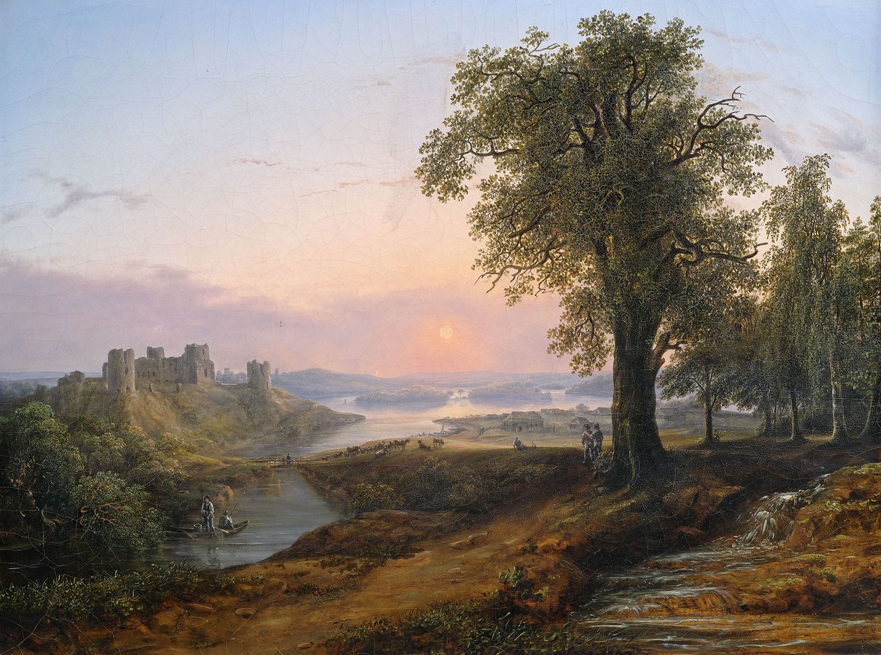 Weite Flusslandschaft im Abendlicht. av Anton Hansch