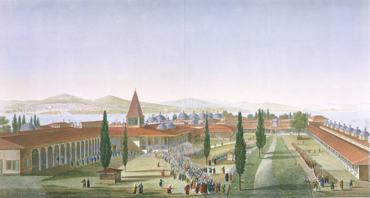 Utsikt över Seraglios innergård, Topkapipalatset, Konstantinopel, graverad av Schroeder och Desmaisons, 1815 (akvatint) av Anton Ignaz Melling