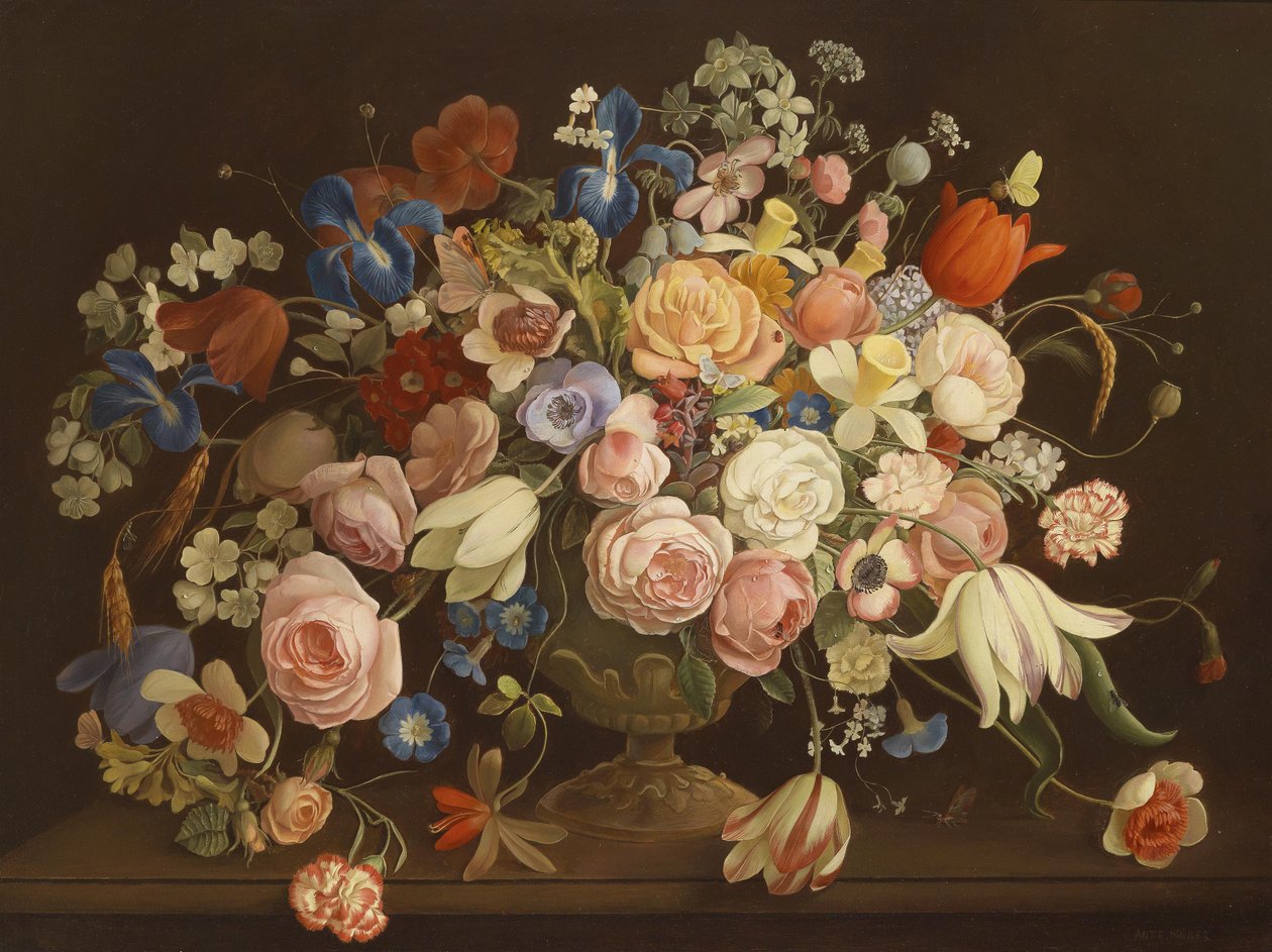 Stort dekorativt blommigt stilleben av Anton Muller