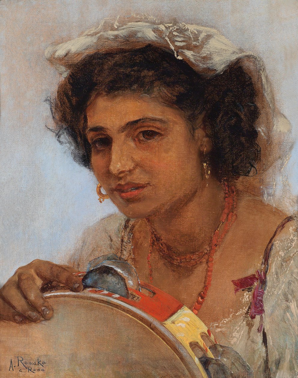 Italienisches Mädchen mit Kopftuch und Tamburin av Anton Romako