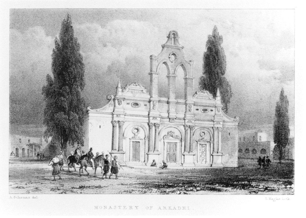 Klostret Arkadhi, Kreta, från "Resor på Kreta" av Pashley, graverad av Louis Haghe (1806-85) 1837 av Anton Schranz