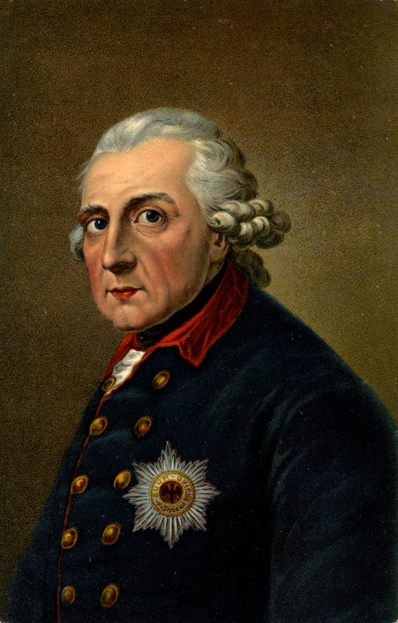 Historia. Tyskland. Fredrik II den store. Illustration inspirerad av ett porträtt av Anton Graff (1780), Tyskland, ca 1900 (vykort) av Anton (after) Graff
