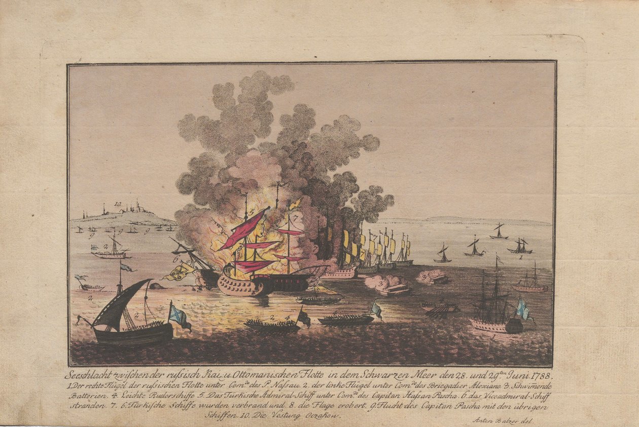 Sjöstrid mellan den ryska och ottomanska flottan i Svarta havet den 28 och 29 juni 1788, 1788. av Anton Balzer