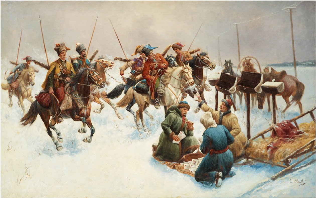 Vinterlandskap med kosacker (postutdelning) - Målning av Adolf Baumgartner Stoiloff (Baumgartner-Stoiloff) (1850-1924), olja på duk, 82x130 cm - Privat samling av Anton Baumgartner Stoiloff