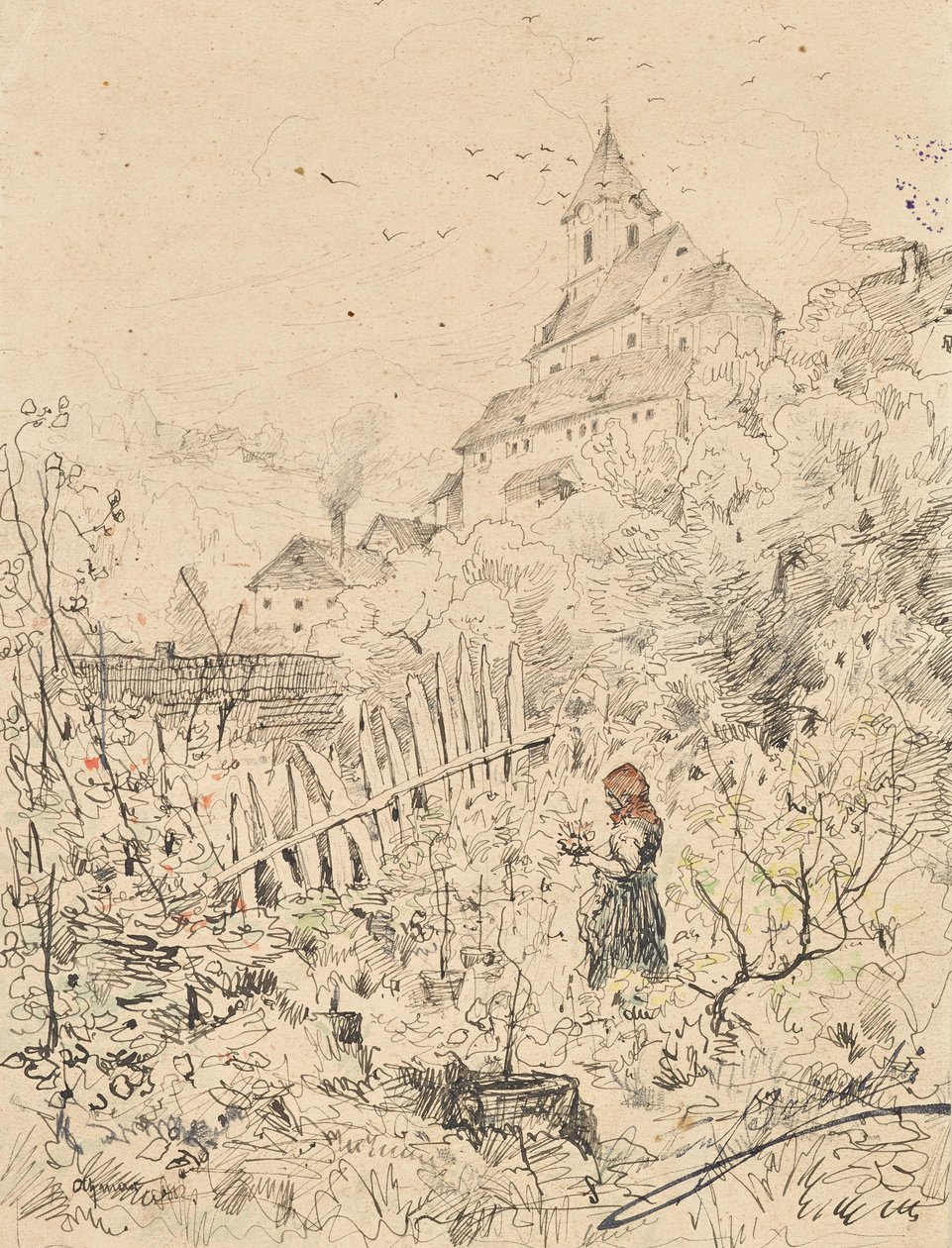 Bondeflicka i trädgård, bakom sin kyrka och by av Anton Brioschi