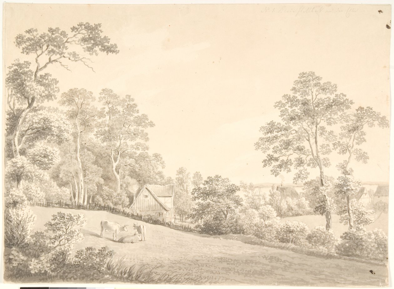 Landskap med hus och kor vid Elbe av Anton Carl Dusch