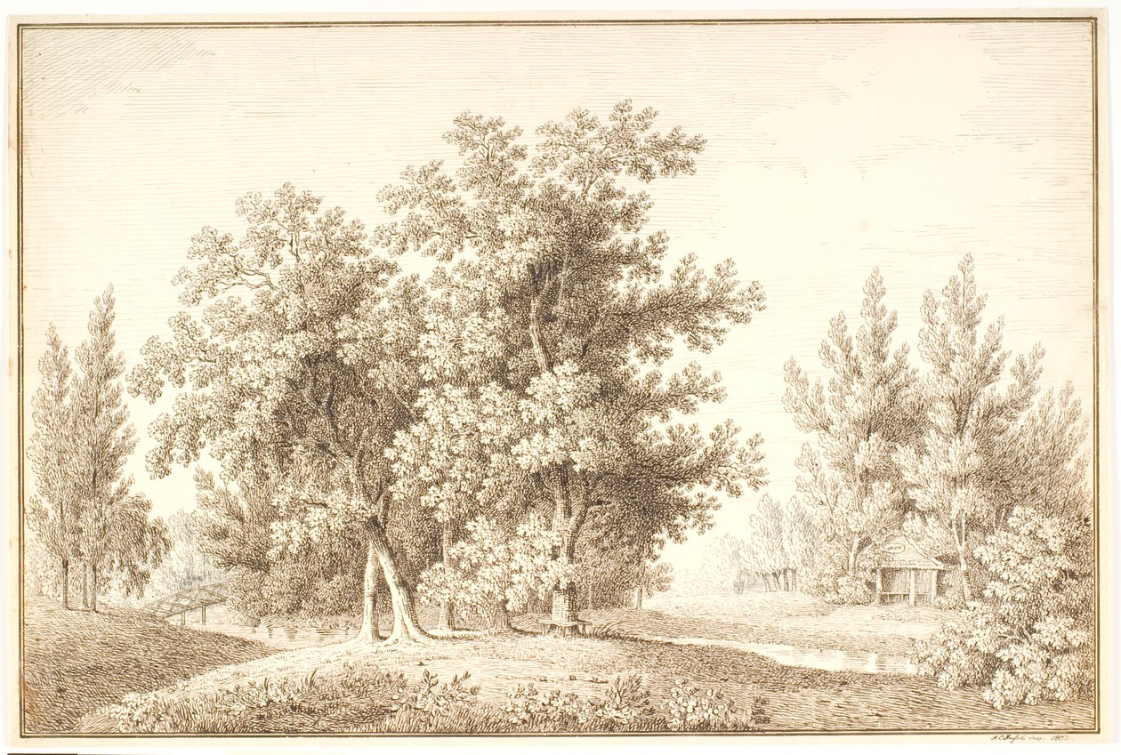 Park med bäck och liten stuga av Anton Carl Dusch