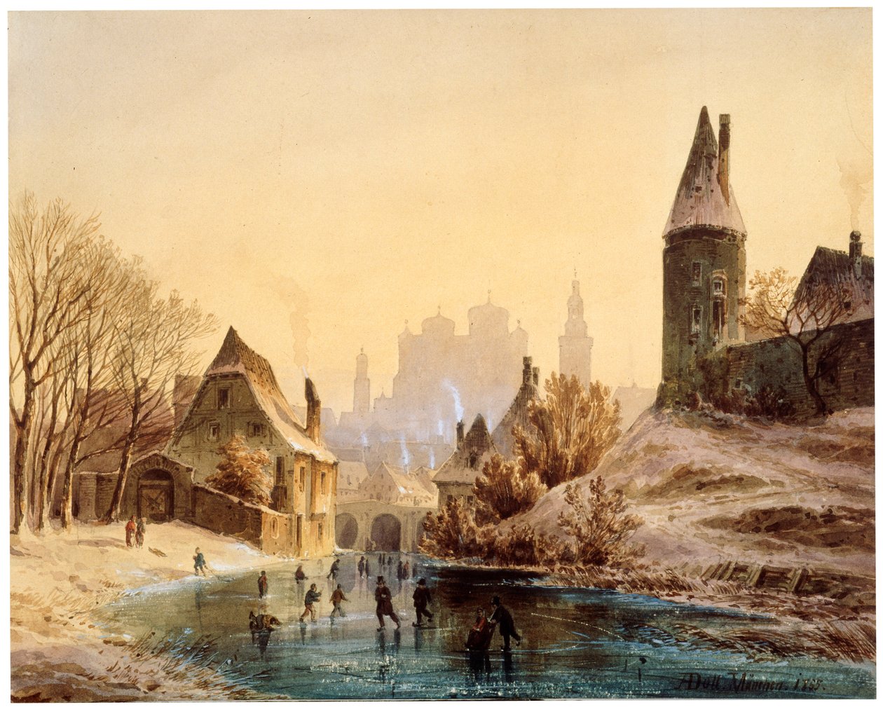 Skridskobana på en flod, 1855. av Anton Doll