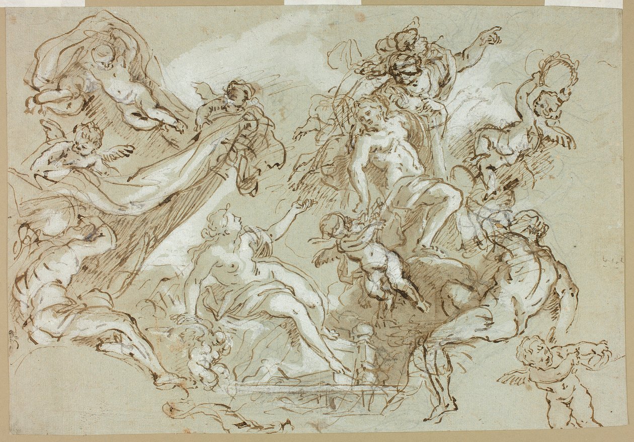 Herkules apoteos (recto); skisser av hästhuvud, hästens framdel och altartavla eller ciborium (verso) av Anton Domenico Gabbiani