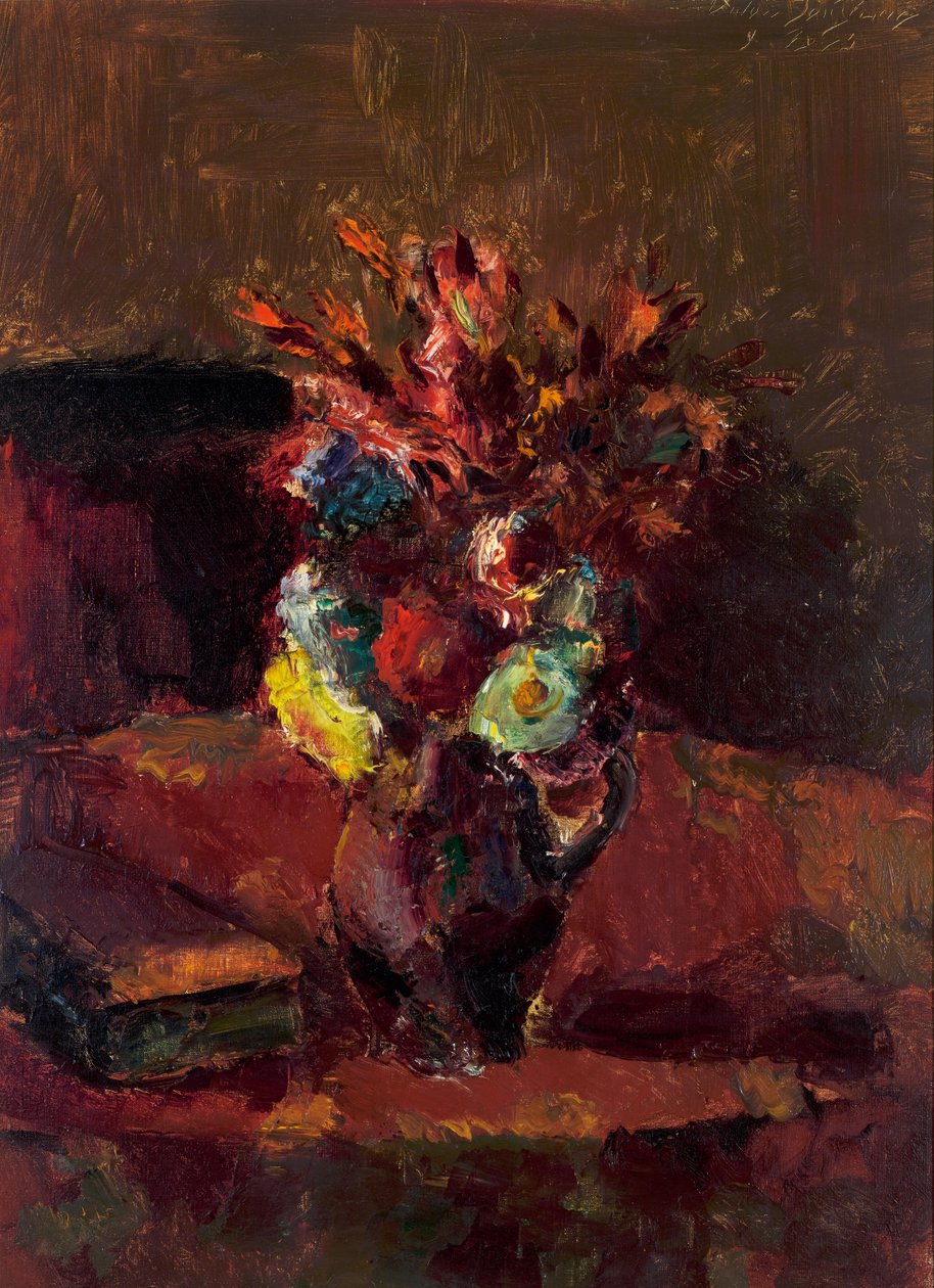 Blomsterbukett med röd bordsduk av Anton Faistauer