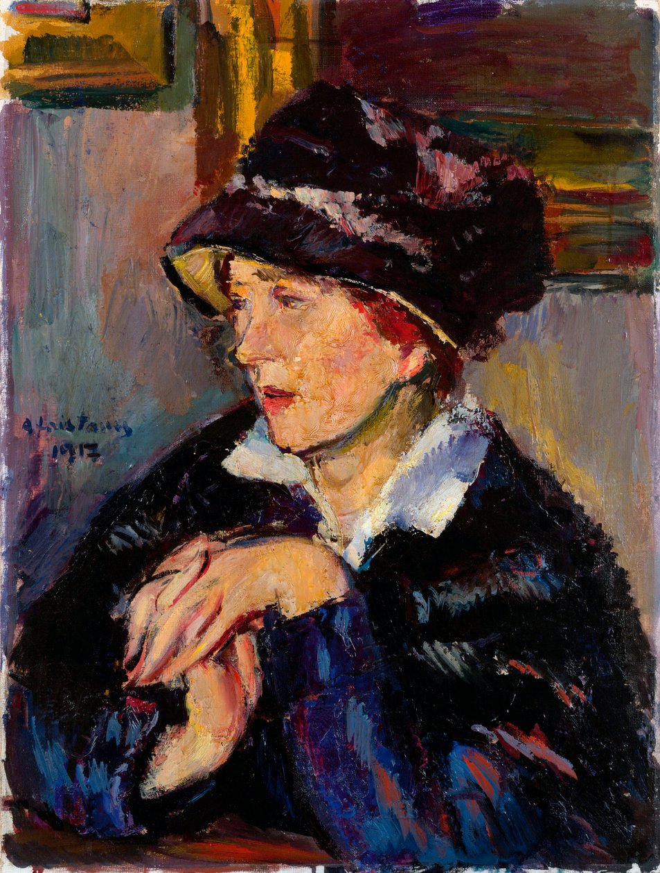 Kvinna med en mörk hatt - Målning av Anton Faistauer (1887-1930) olja på duk av Anton Faistauer