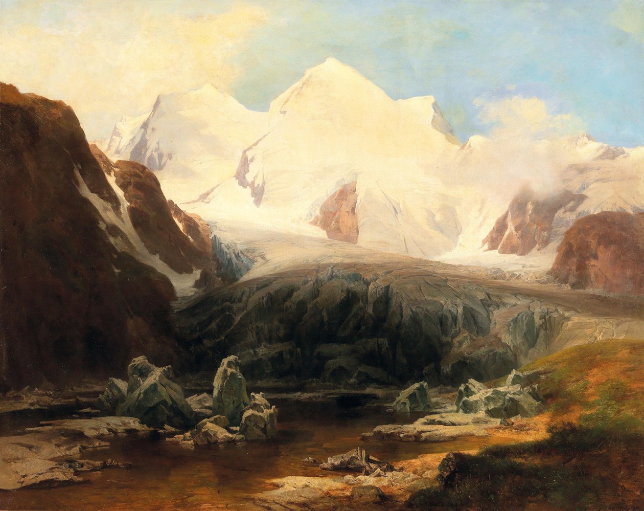 En vy över en bergssjö med snötäckta berg i bakgrunden av Anton Hansch