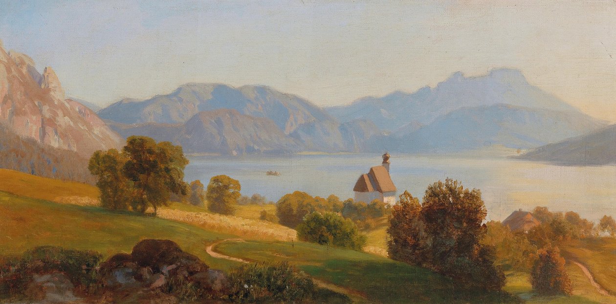 Steinbach vid Attersee med Schafberg av Anton Hlavacek